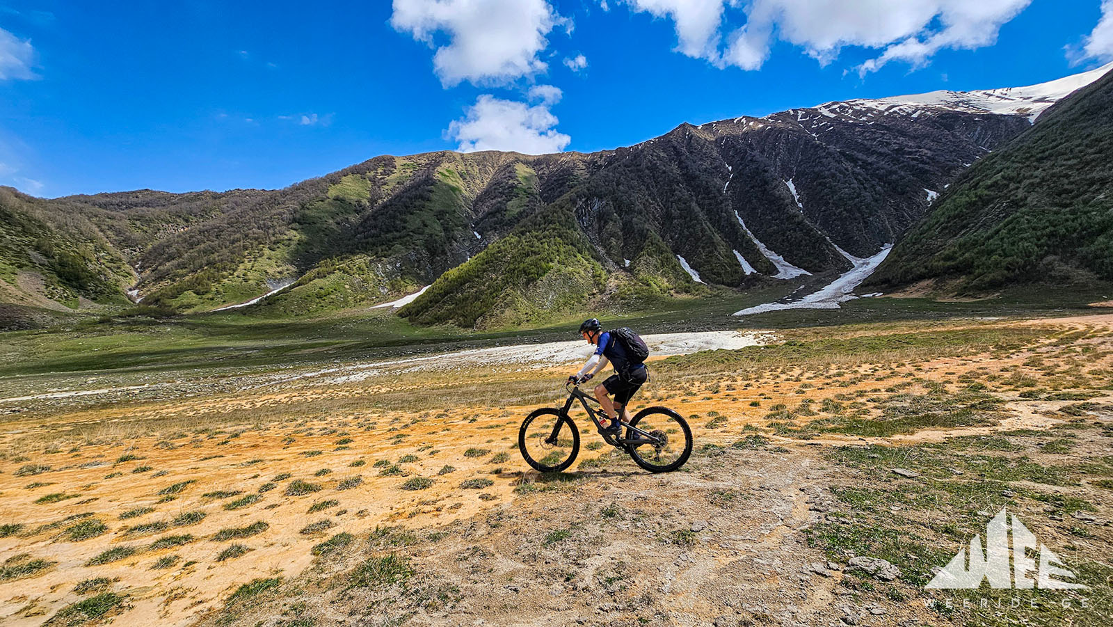 Riding E-bikes on the travertines of Truso Valley in Kazbegi, Georgia